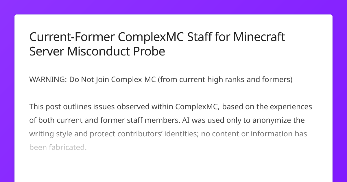 Current-Former ComplexMC Staff for Minecraft Server Misconduct Probe ...