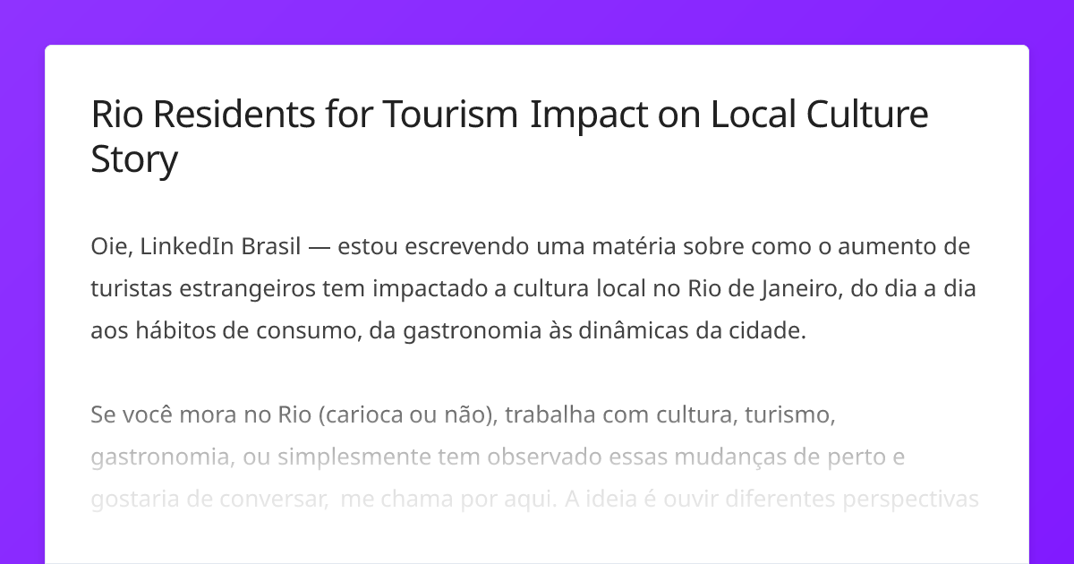 Rio Residents for Tourism Impact on Local Culture Story | Journo Request