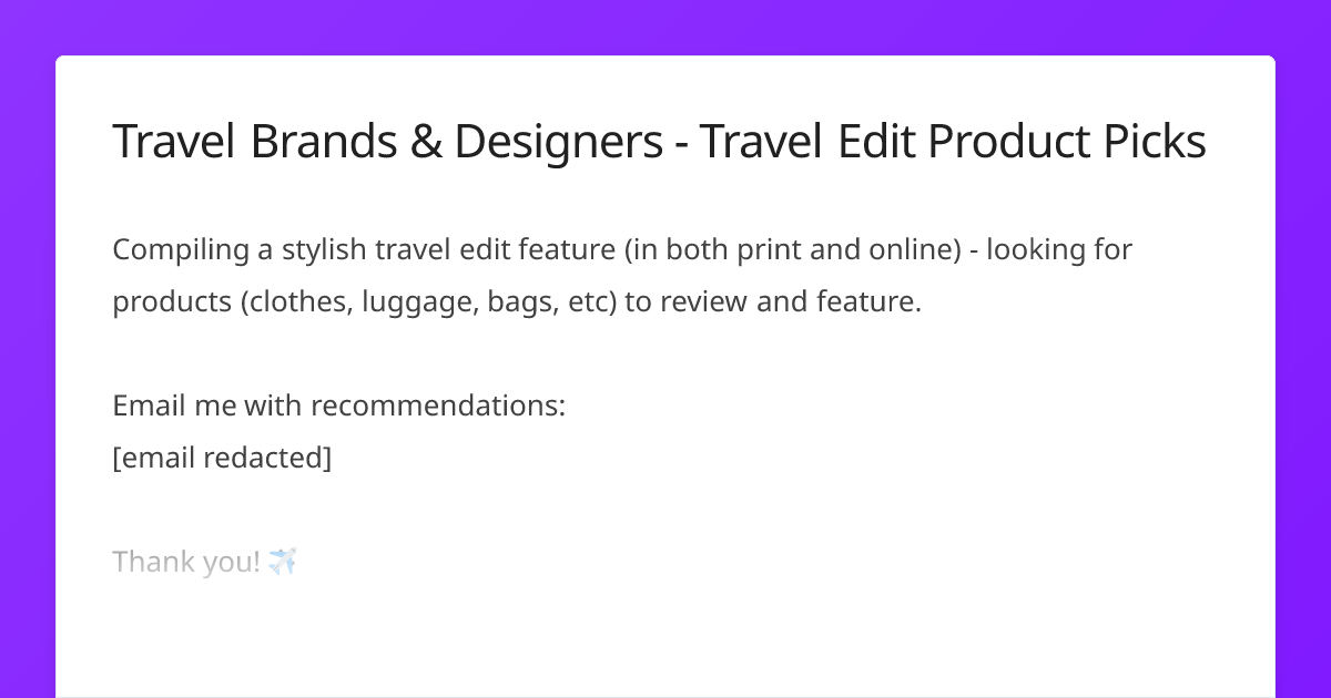 Travel Brands & Designers - Travel Edit Product Picks | Journo Request
